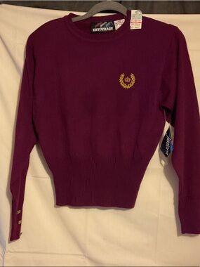Women's Crewneck Sweater in Plum with Gold Crest Detail with Shoulder Pads